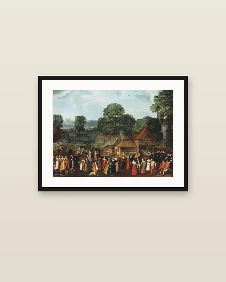 A village festival with elegantly dressed figures in procession, a river and tower beyond by Joris Hoefnagel, framed