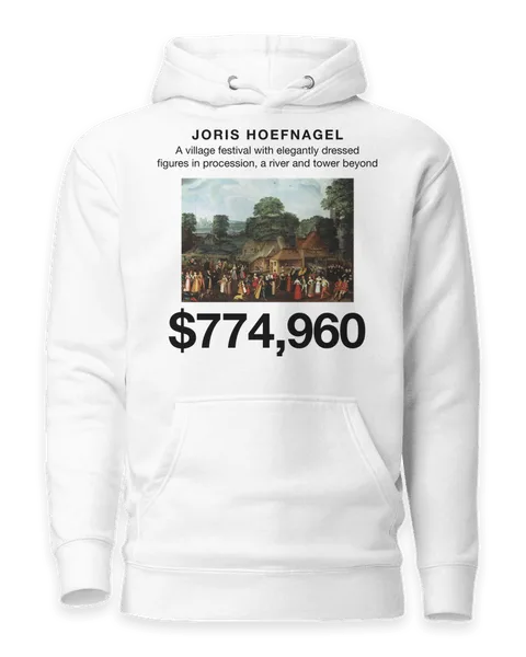 A village festival with elegantly dressed figures in procession, a river and tower beyond by Joris Hoefnagel, on a white hoodie