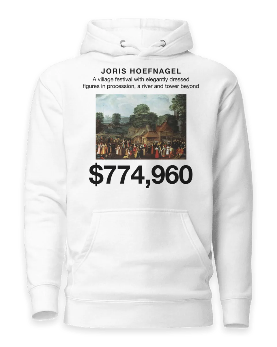 Hoodie printed with A village festival with elegantly dressed figures in procession, a river and tower beyond by Joris Hoefnagel