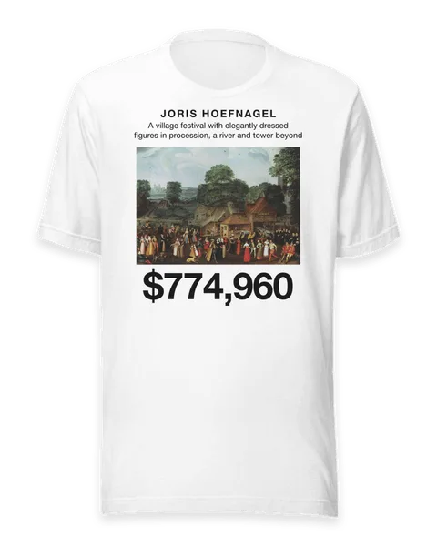 A village festival with elegantly dressed figures in procession, a river and tower beyond by Joris Hoefnagel, on a white t-shirt