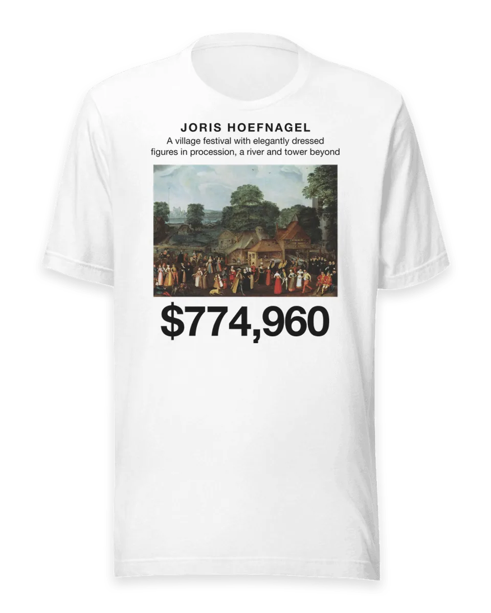 T-shirt printed with A village festival with elegantly dressed figures in procession, a river and tower beyond by Joris Hoefnagel