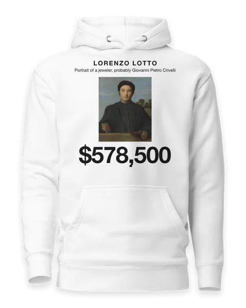 Portrait of a jeweler, probably Giovanni Pietro Crivelli by Lorenzo Lotto, on a white hoodie