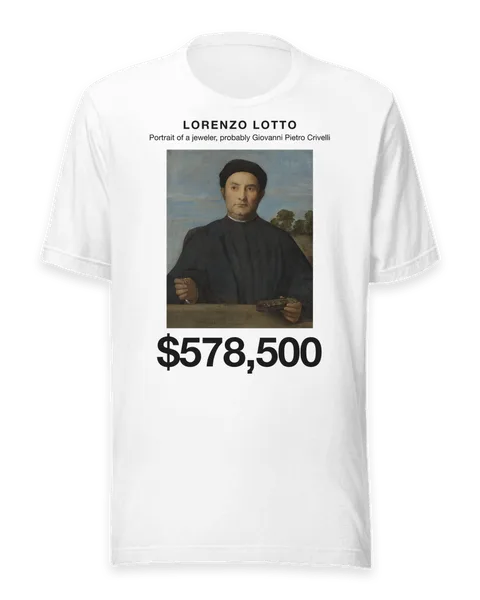 Portrait of a jeweler, probably Giovanni Pietro Crivelli by Lorenzo Lotto, on a white t-shirt