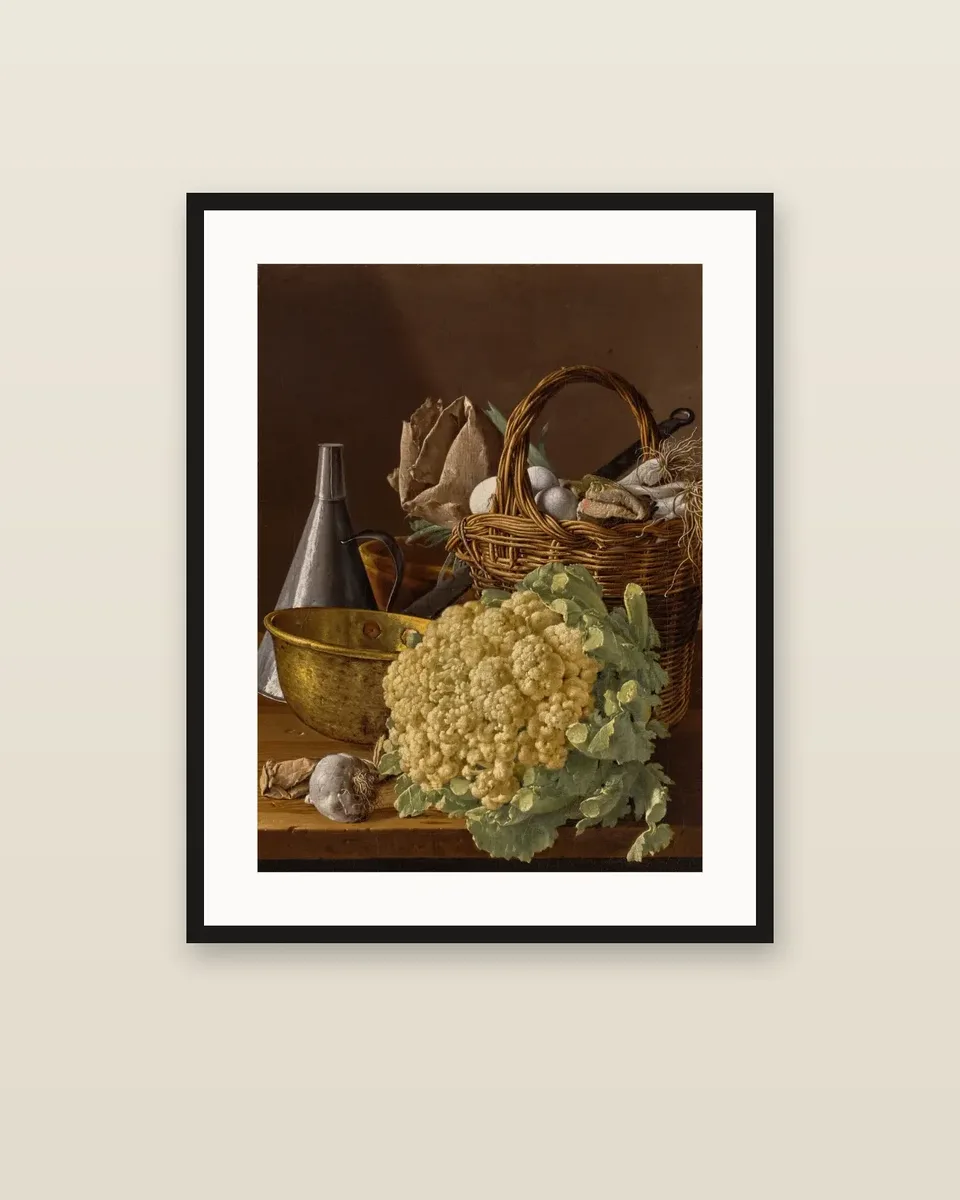 Still Life with a Cauliflower, a Basket with Eggs, Leeks, and Fish, and Assorted Kitchen Utensils by Luis Meléndez, framed