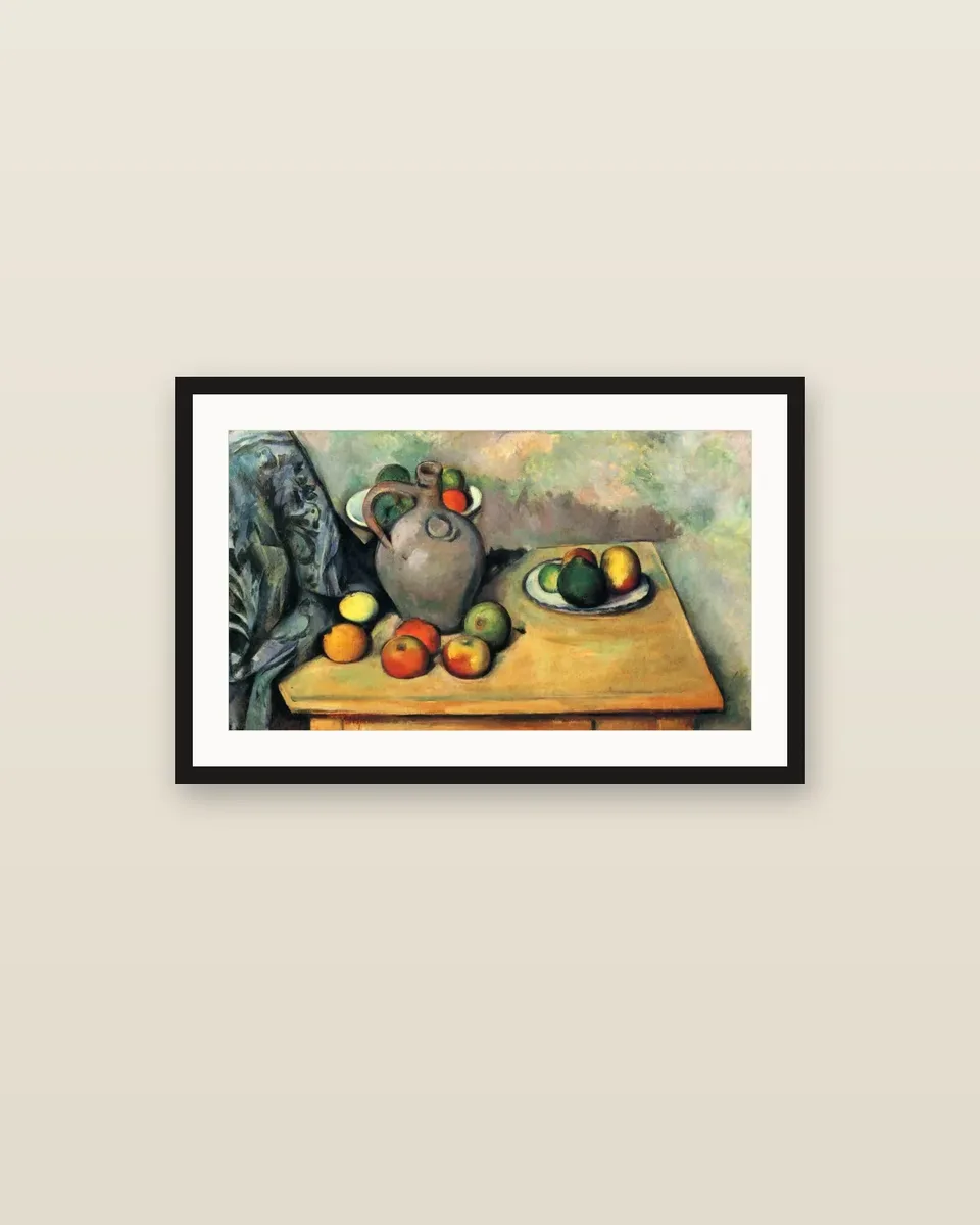 Pichet et fruits sur une table by Paul Cézanne, framed