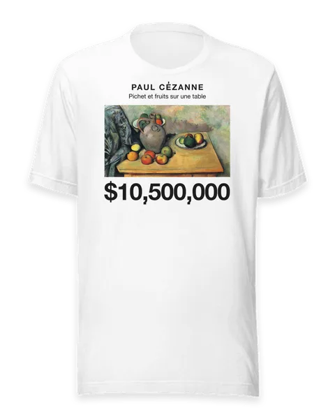 Pichet et fruits sur une table by Paul Cézanne, on a white t-shirt