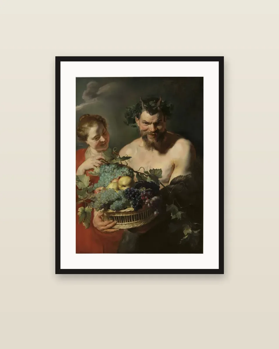 A Satyr Holding a Basket of Grapes and Quinces with a Nymph by Peter Paul Rubens, framed