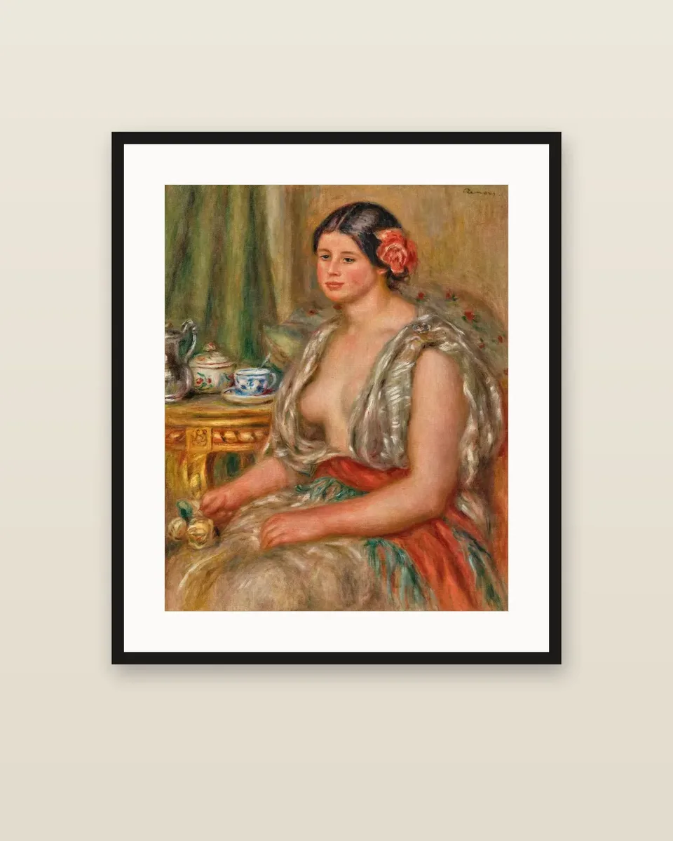 Jeune femme en costume oriental devant une table à thé by Pierre-Auguste Renoir, framed