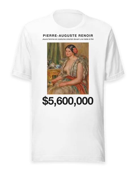 Jeune femme en costume oriental devant une table à thé by Pierre-Auguste Renoir, on a white t-shirt