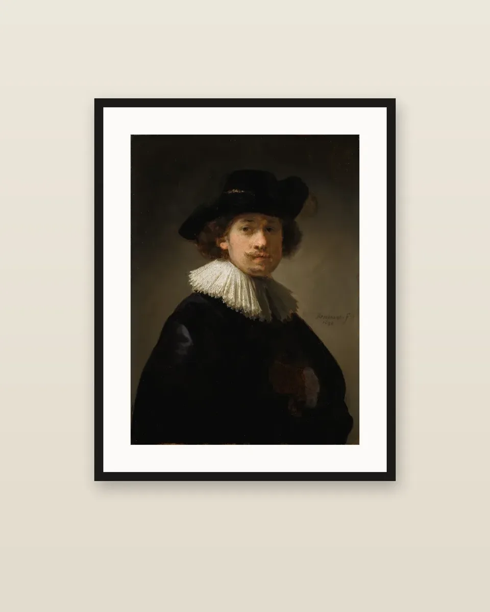 Self Portrait, half-length, wearing a ruff and a black hat by Rembrandt van Rijn, framed