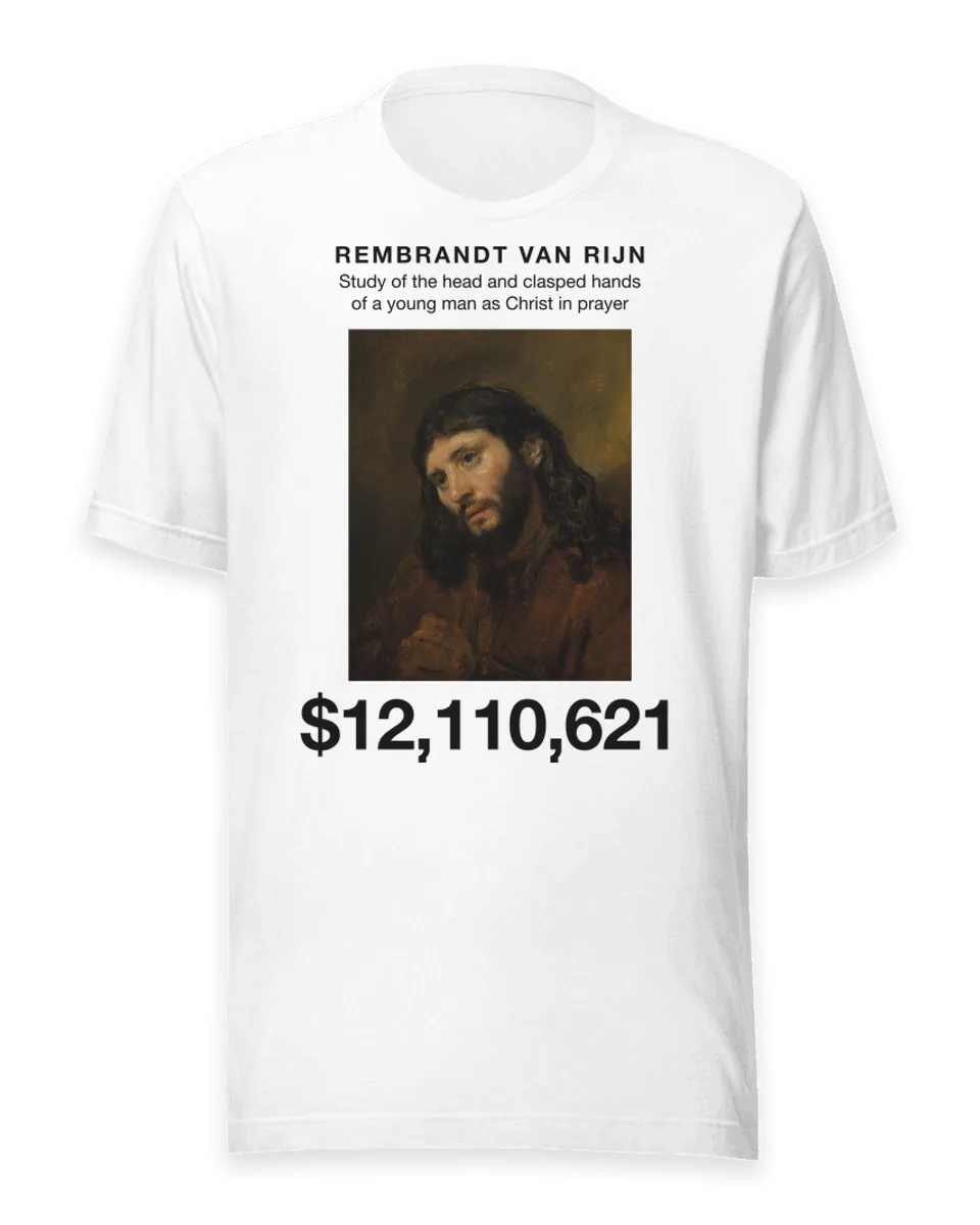 T-shirt: Study of the head and clasped hands of a young man as Christ in prayer by Rembrandt van Rijn