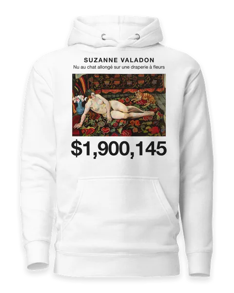 Nu au chat allongé sur une draperie à fleurs by Suzanne Valadon, on a white hoodie
