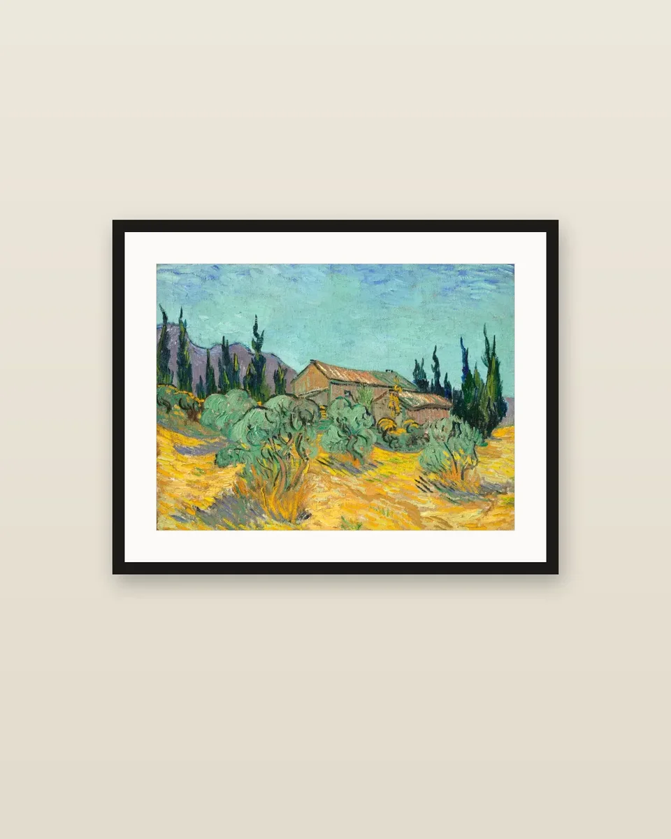 Cabanes de bois parmi les oliviers et cyprès by Vincent van Gogh, framed