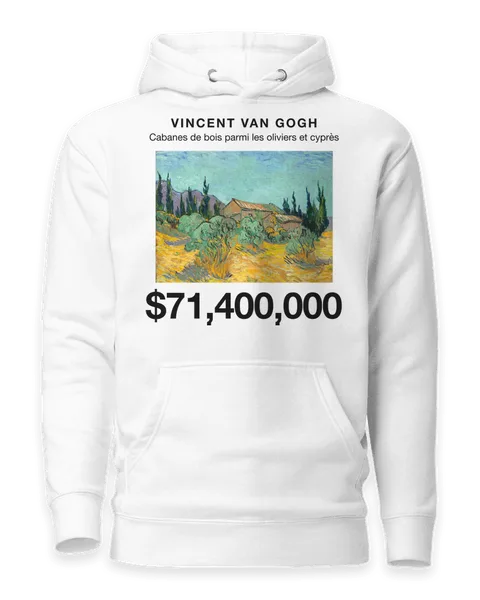 Cabanes de bois parmi les oliviers et cyprès by Vincent van Gogh, on a white hoodie
