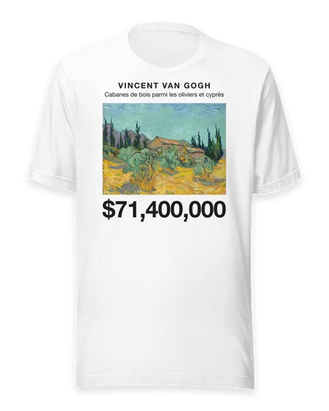 Cabanes de bois parmi les oliviers et cyprès by Vincent van Gogh, on a white t-shirt