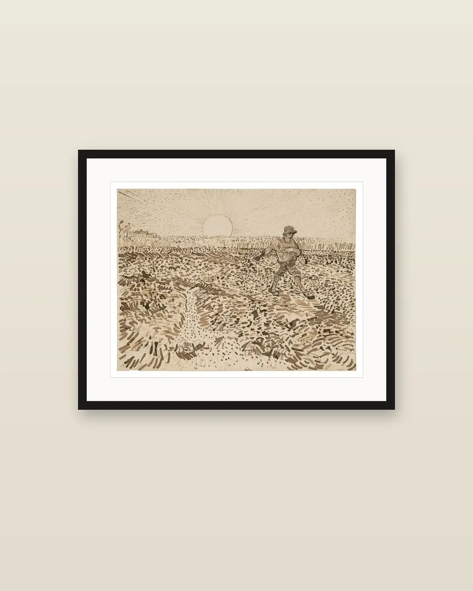 Le Semeur dans un champ de blé au soleil couchant (The Sower in a Wheat Field at Sunset) by Vincent van Gogh, framed