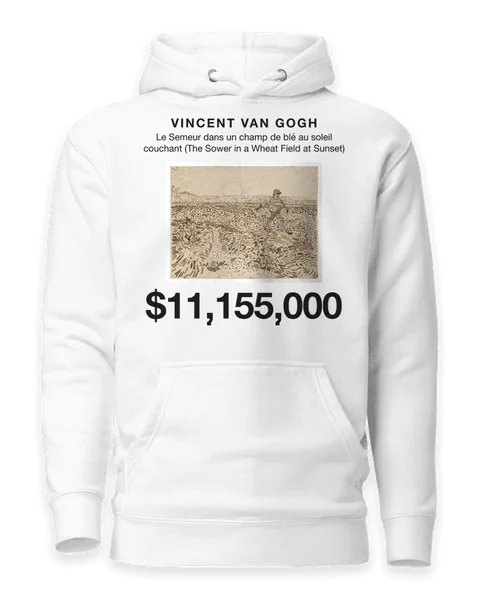 Le Semeur dans un champ de blé au soleil couchant (The Sower in a Wheat Field at Sunset) by Vincent van Gogh, on a white hoodie