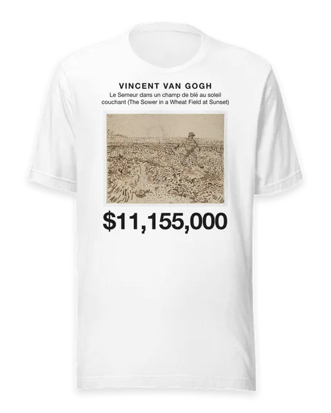 Le Semeur dans un champ de blé au soleil couchant (The Sower in a Wheat Field at Sunset) by Vincent van Gogh, on a white t-shirt