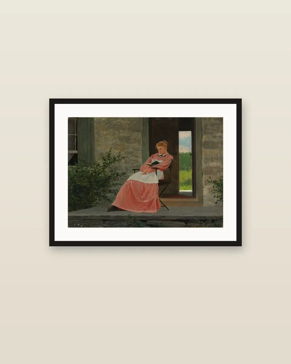 Girl Reading on a Stone Porch by Winslow Homer, framed