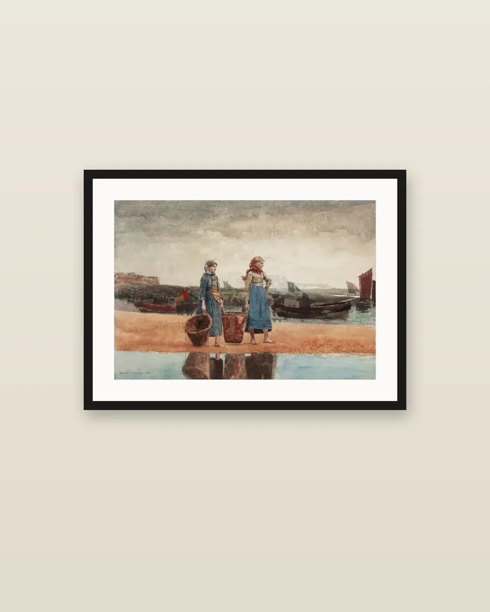 Two Girls on the Beach, Tynemouth by Winslow Homer, framed