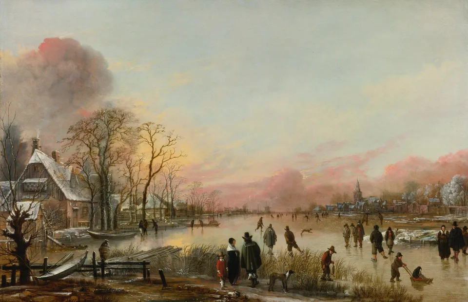 Frozen River at Sunset, Aert van der Neer