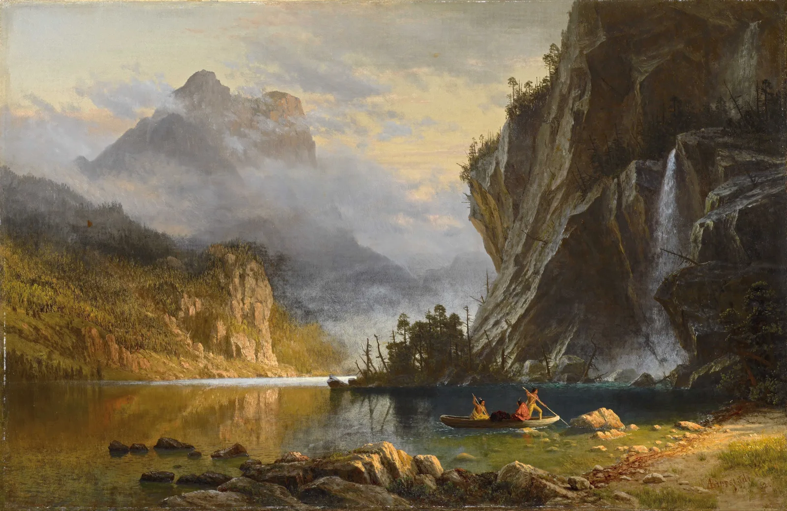Oil painting by Albert Bierstadt, 1862, of Native American figures spearing fish in a landscape.