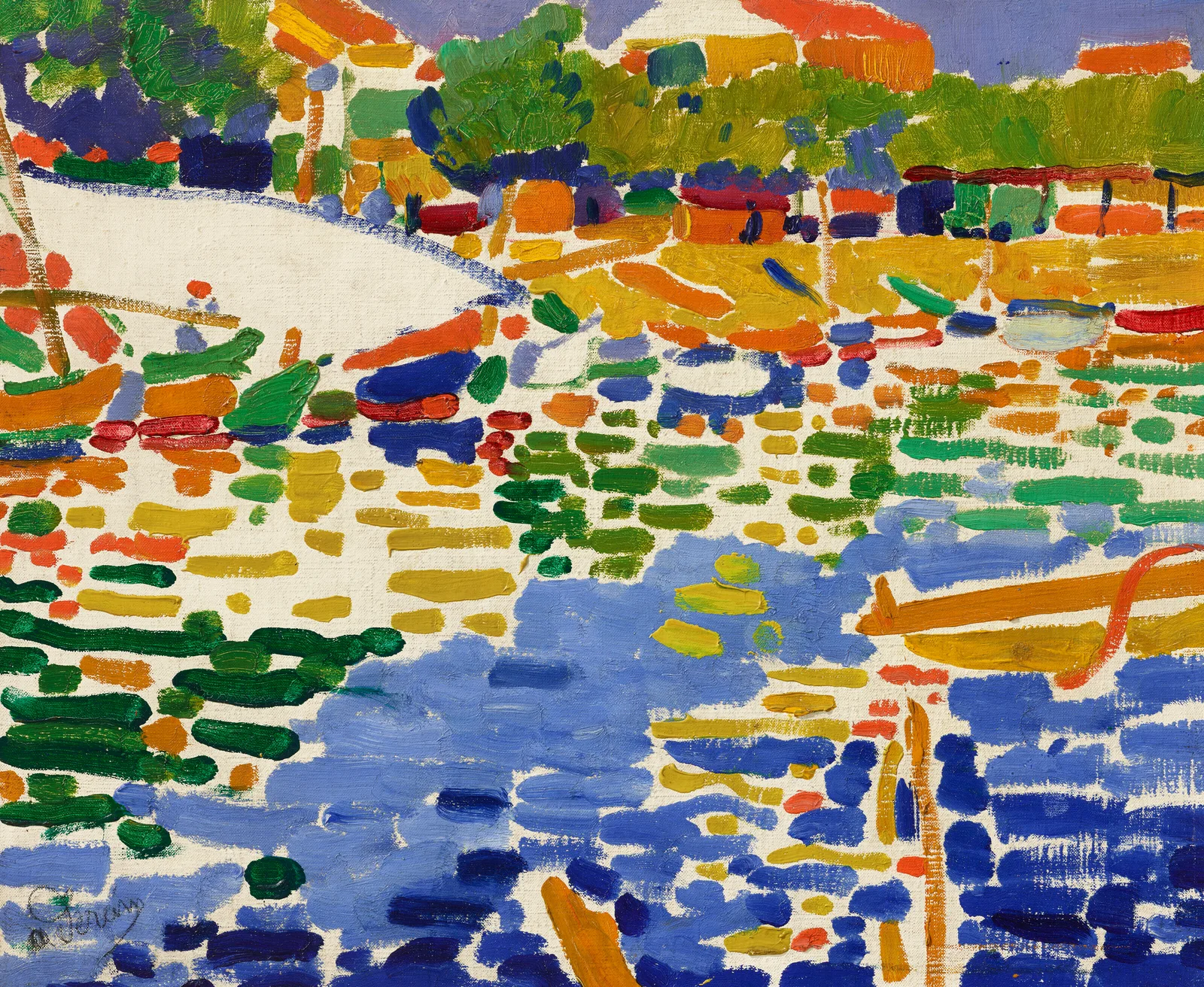 Fishing boats moored in a harbour, painted in loose horizontal strokes of blue with bright patches of green, yellow and orange and no modelled shading.
