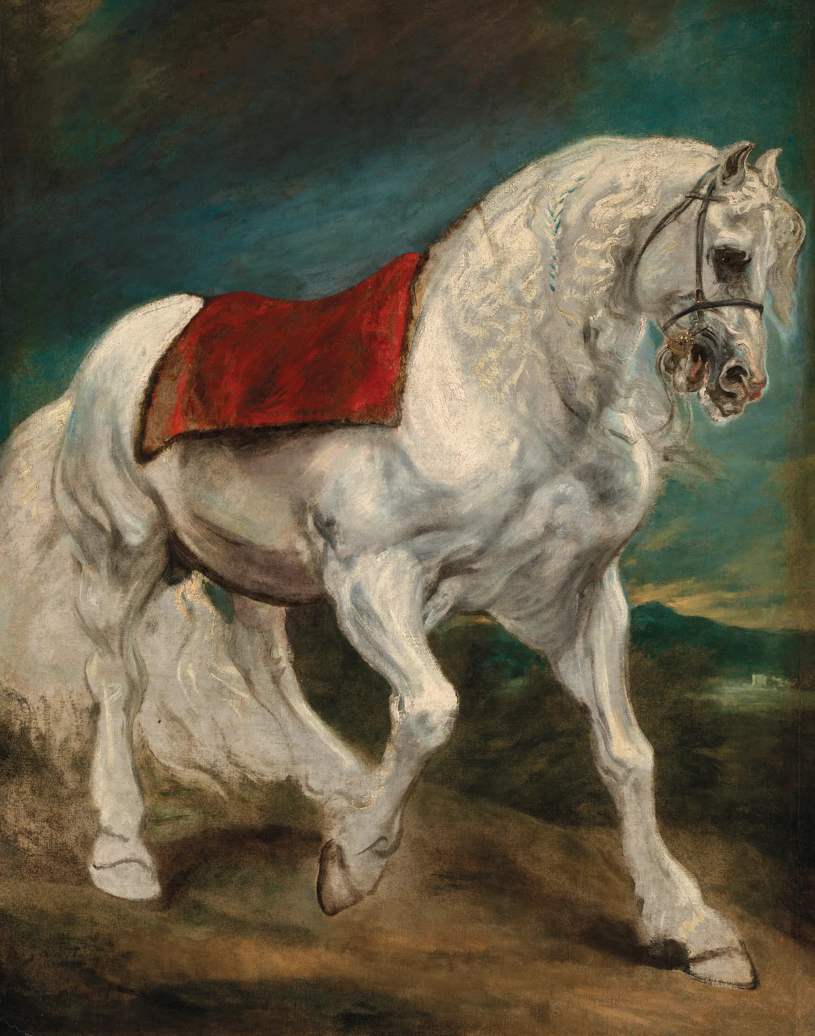 A single Andalusian stallion in profile, drawn in dark-brown strokes with lead-white highlights on a grey ground.
