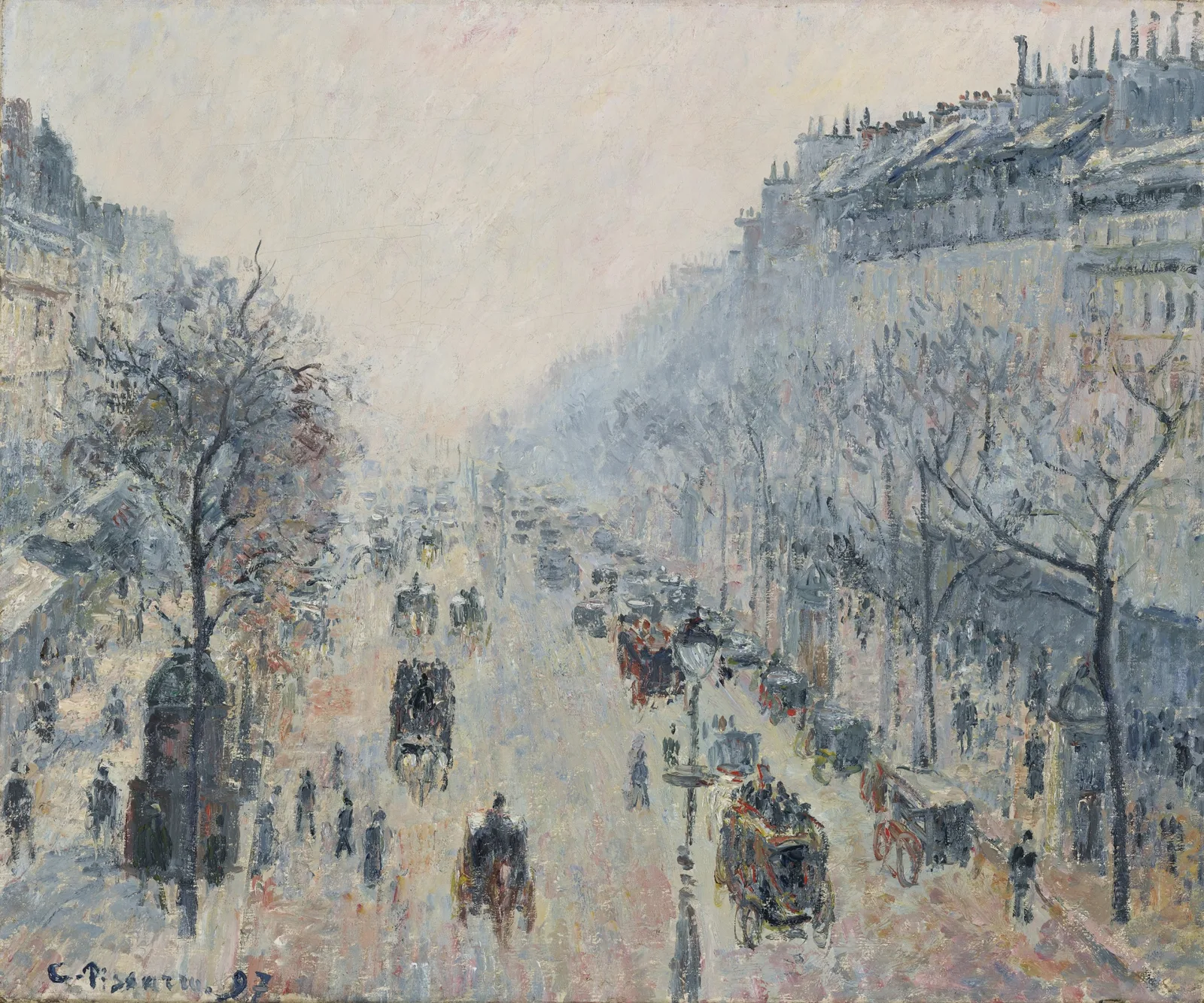Oil painting of the Boulevard Montmartre in Paris in morning mist, by Camille Pissarro, 1897.