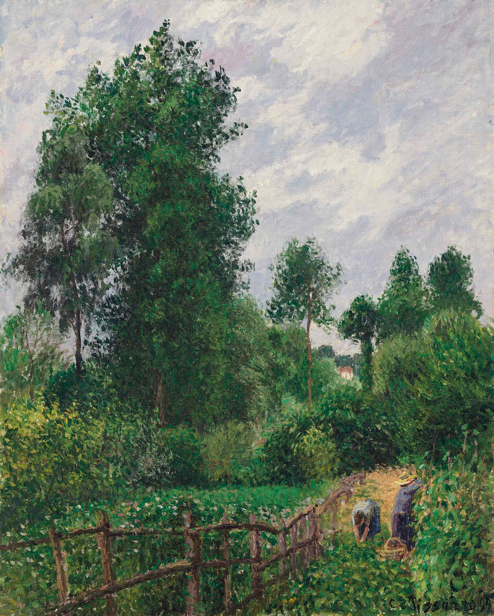 Oil painting of a wooden fence leading into a flowering meadow beside a kitchen garden, where two women pick vegetables beneath tall poplars under a grey sky.