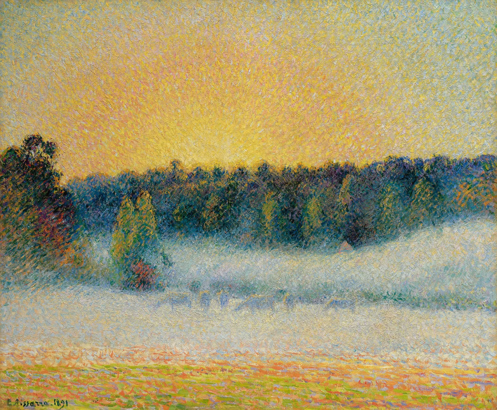 Prairie avec vaches, brume, soleil couchant à Eragny, Camille Pissarro