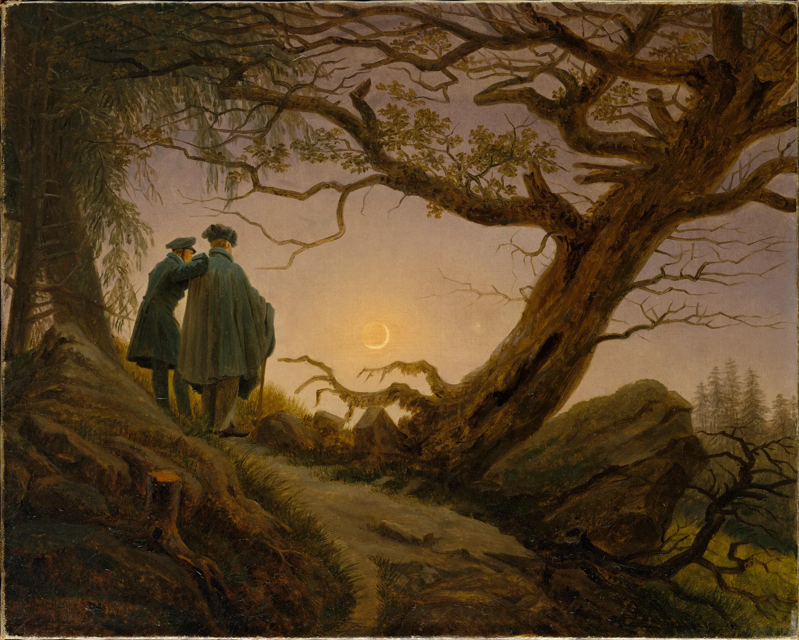 Two men seen from behind, one leaning on the other, stand beside a gnarled oak and look at the moon in a night landscape.