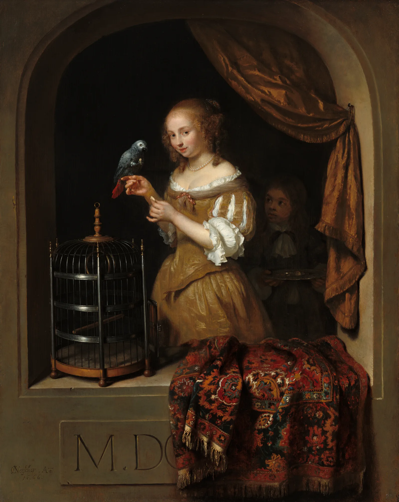 A young woman in a golden-brown gown feeds a grey parrot held on her finger, with an open cage beside her and a page boy holding a silver tray in the shadow behind.