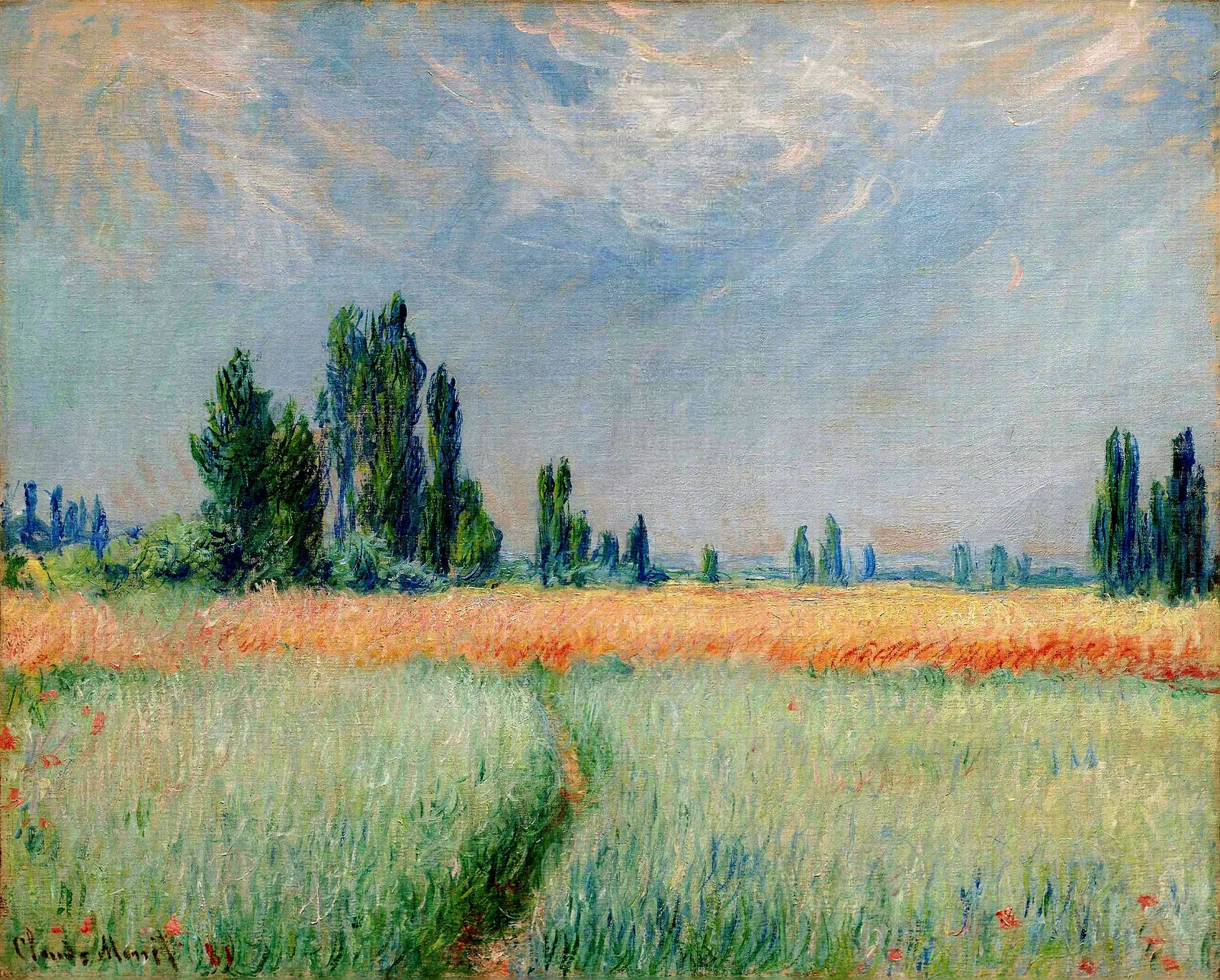 Oil painting by Claude Monet, 1881, of a wide wheat field at Lavacourt with poplar trees under a sky of cirrus clouds.