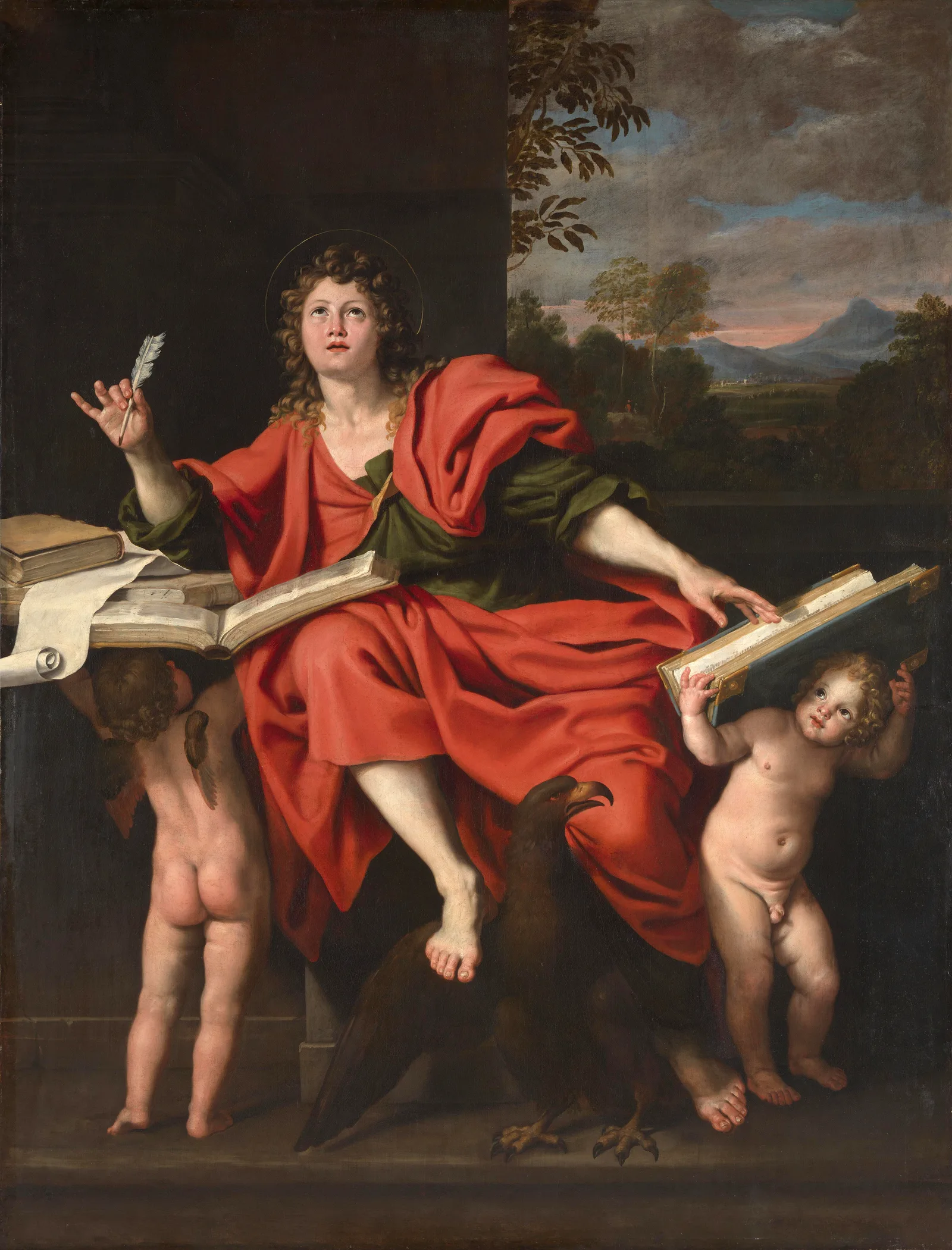Large painting of the evangelist John holding a book, with putti beside him and a landscape behind.