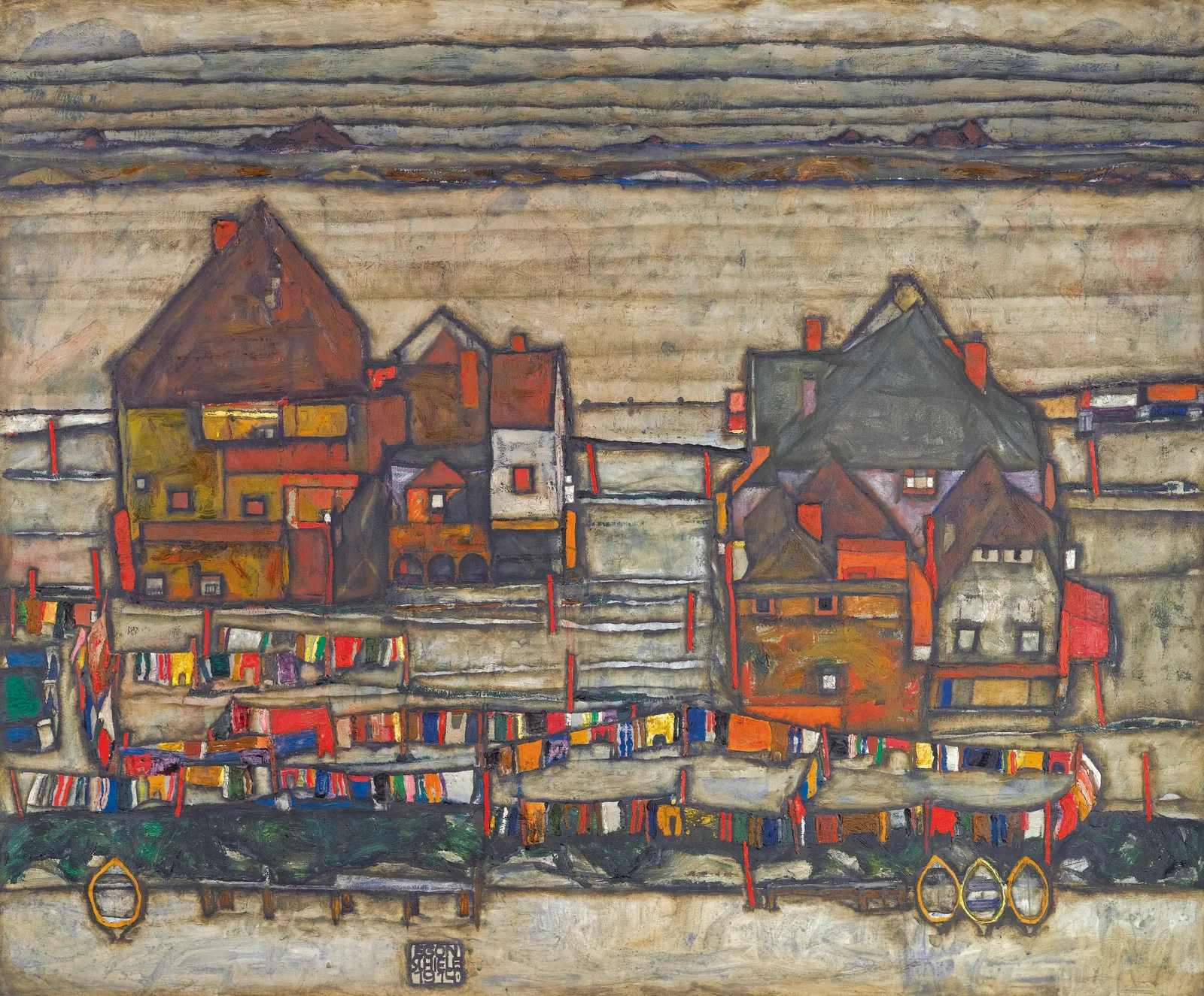 Häuser mit bunter Wäsche (Vorstadt II), Egon Schiele