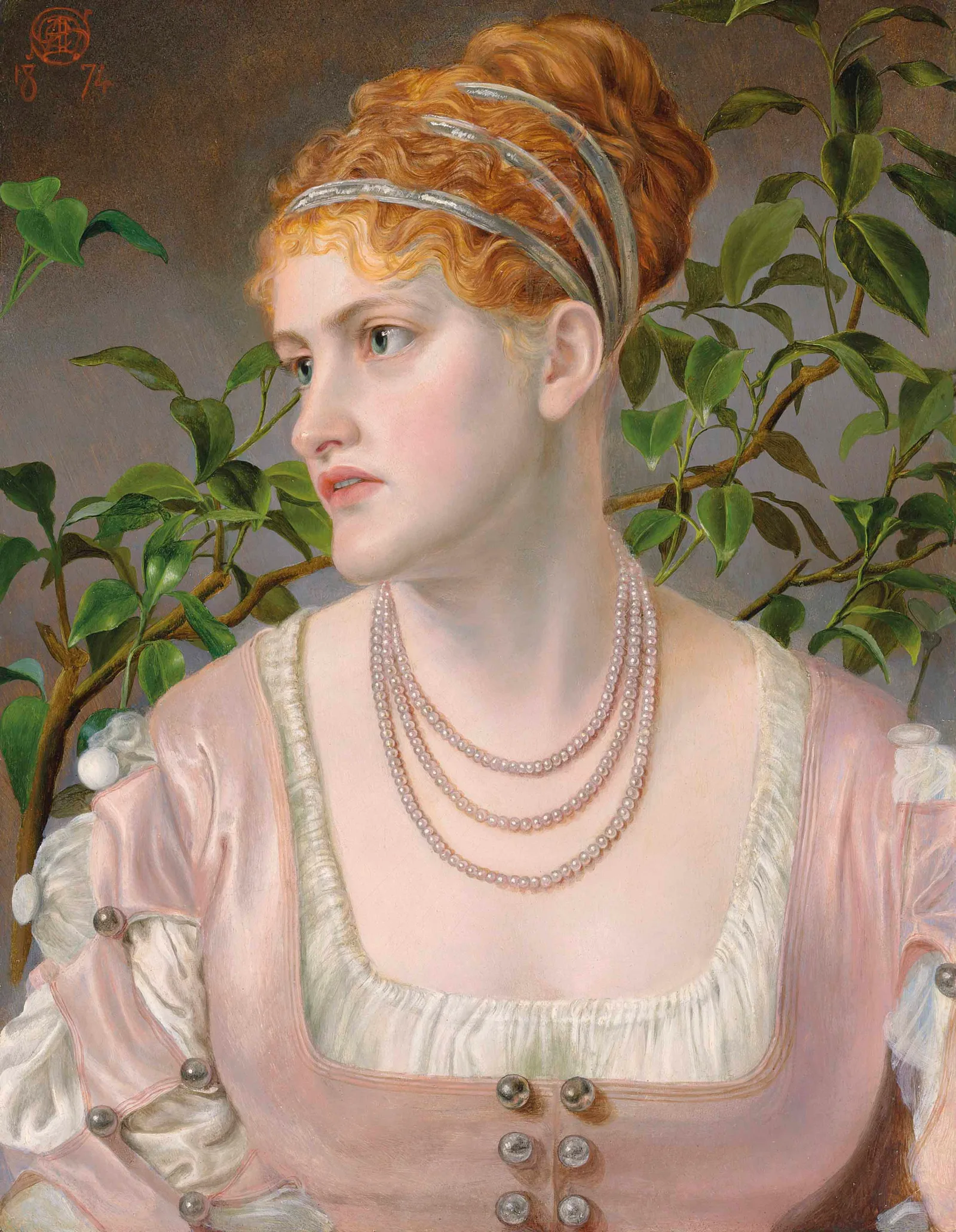 Portrait of Mary Emma Jones, bust-length, wearing a pearl necklace, Emma Sandys