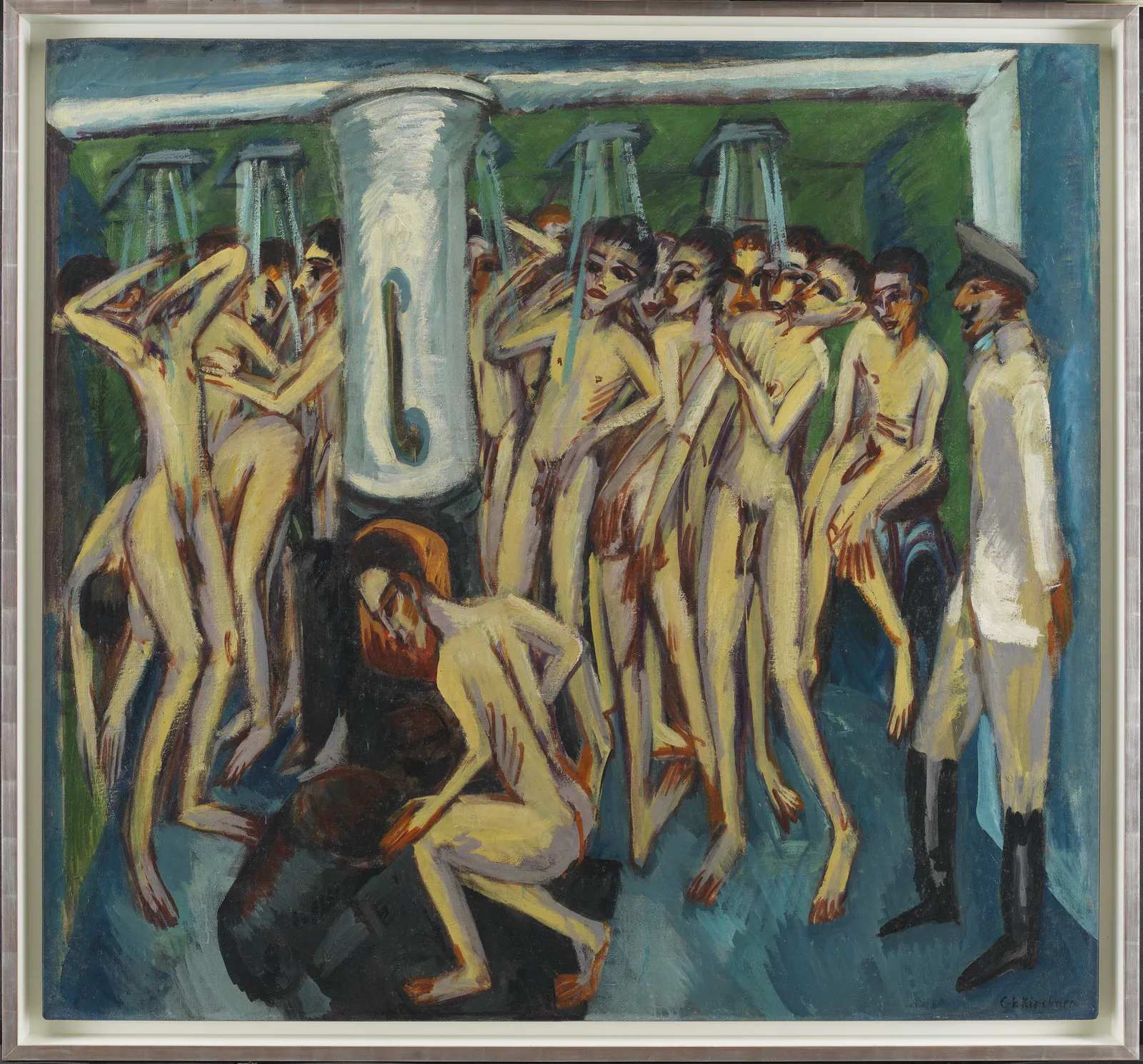A crowd of thin, naked young soldiers with mask-like faces packed into a low-ceilinged shower hall under the gaze of a uniformed superior, one crouching in the foreground to stoke the fire.