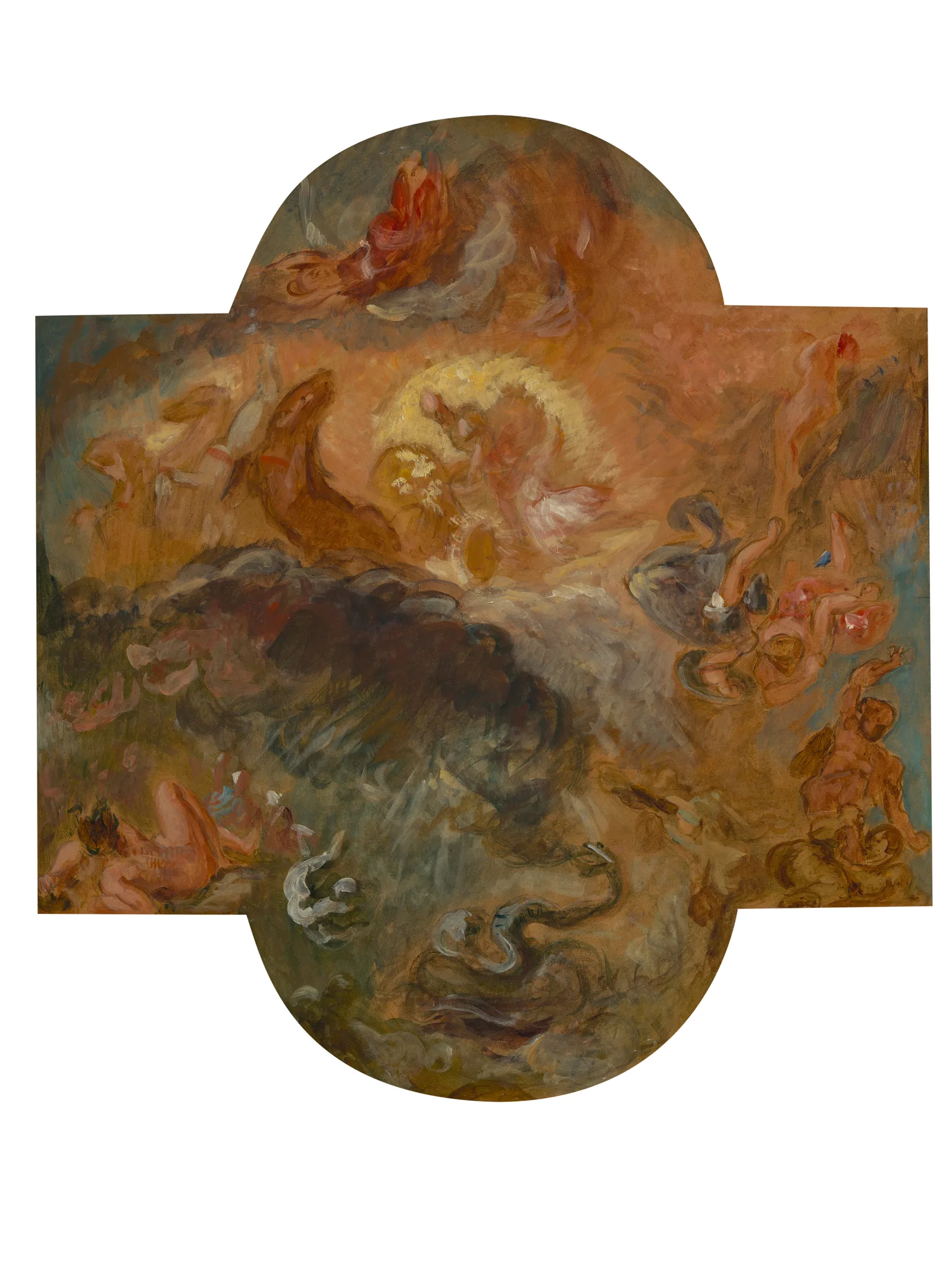 Apollo in his chariot drives down on the serpent Python in a fiery, loosely brushed composition; the oil sketch shows the central figure and his team in strong reds and golds.