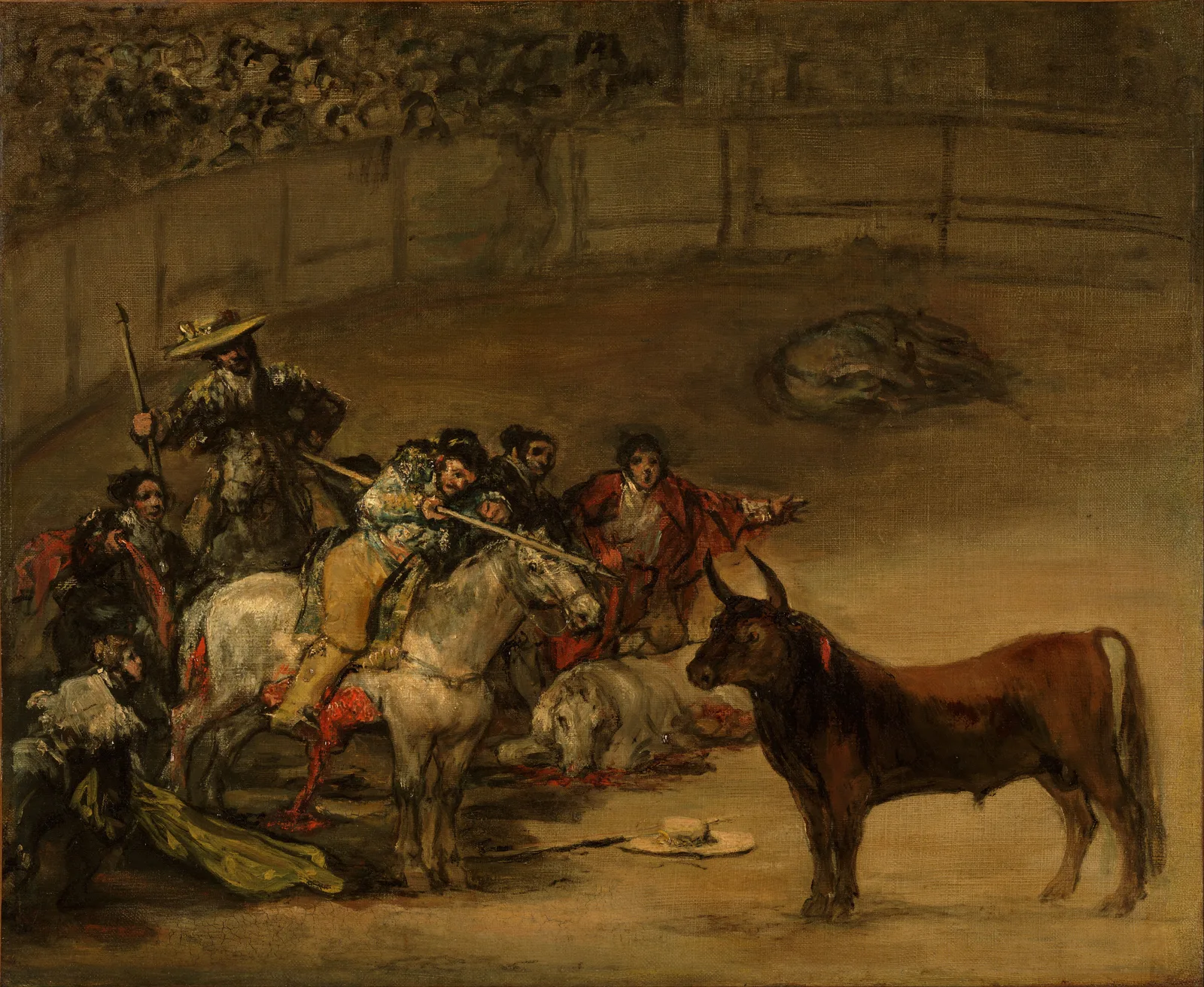 Oil painting by Francisco de Goya, 1824, of an injured bull in a ring beside two gored horses, with a picador and watching matadors.