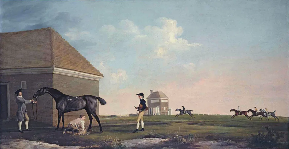 Gimcrack on Newmarket Heath, with a trainer, a jockey and a stable lad, George Stubbs