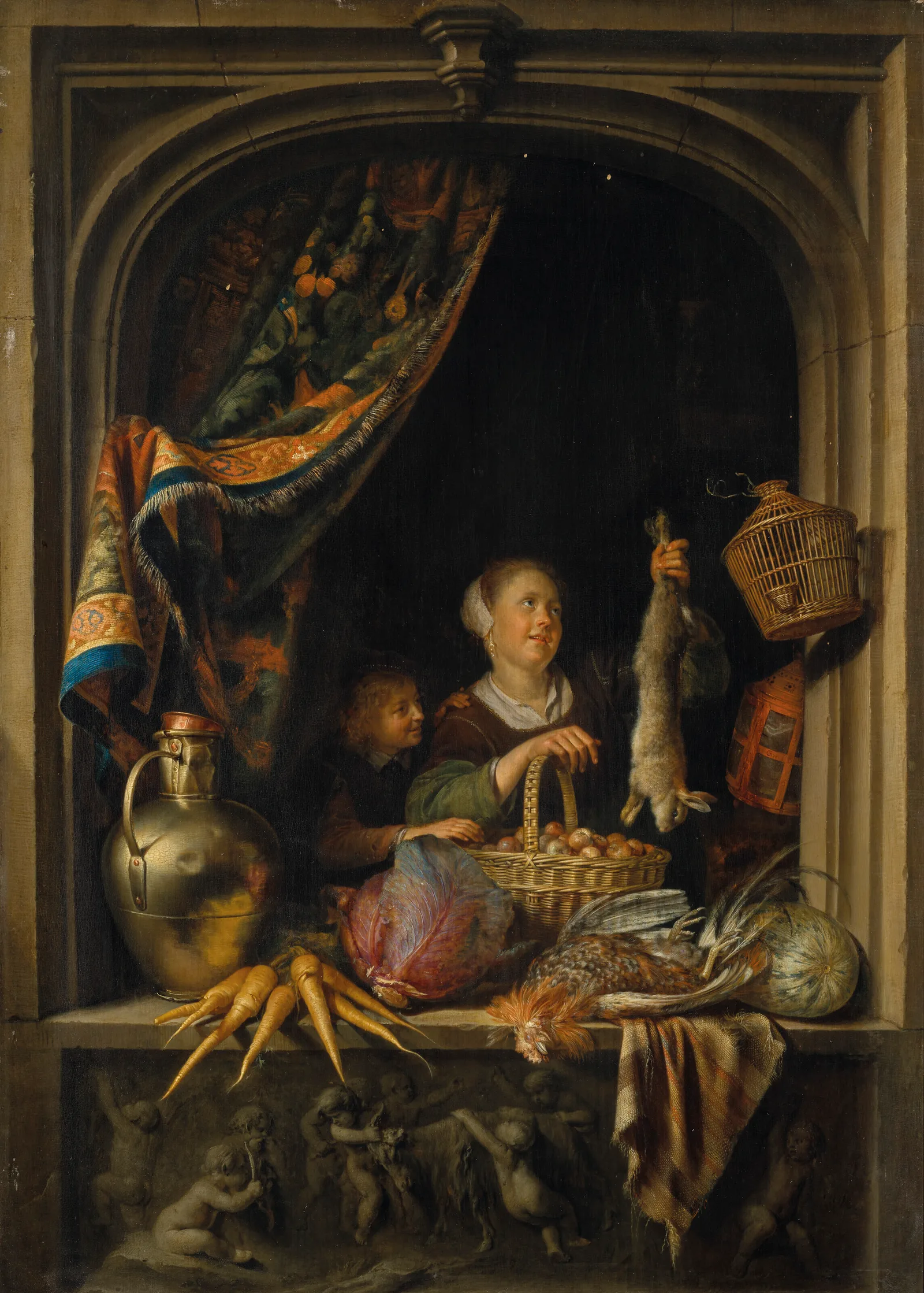 A young woman holding a hare with a boy at a window, Gerrit Dou