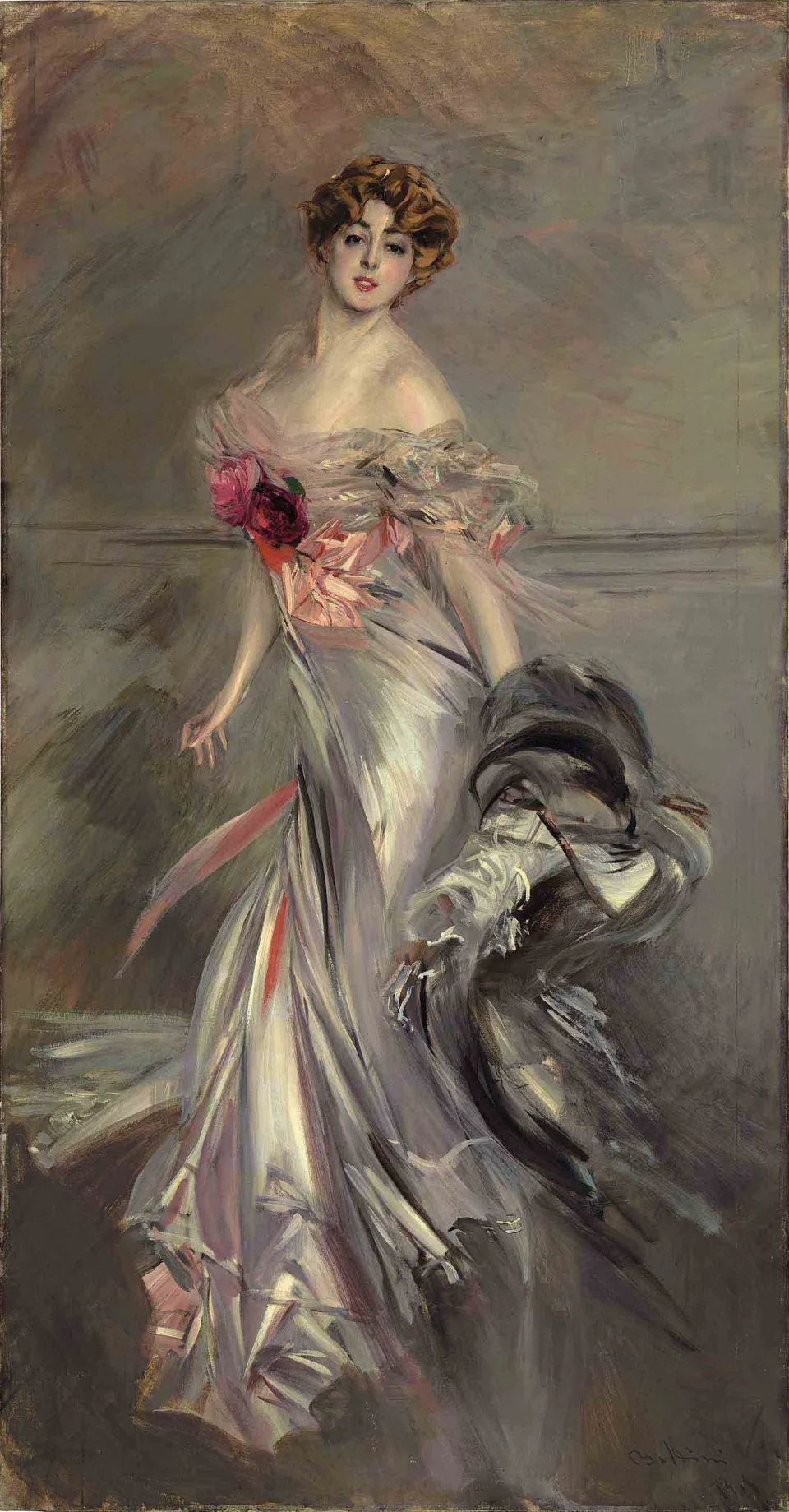 Portrait of Marthe Régnier, 2.31 m high and 1.21 m wide, shown to scale beside a person 1.70 m tall