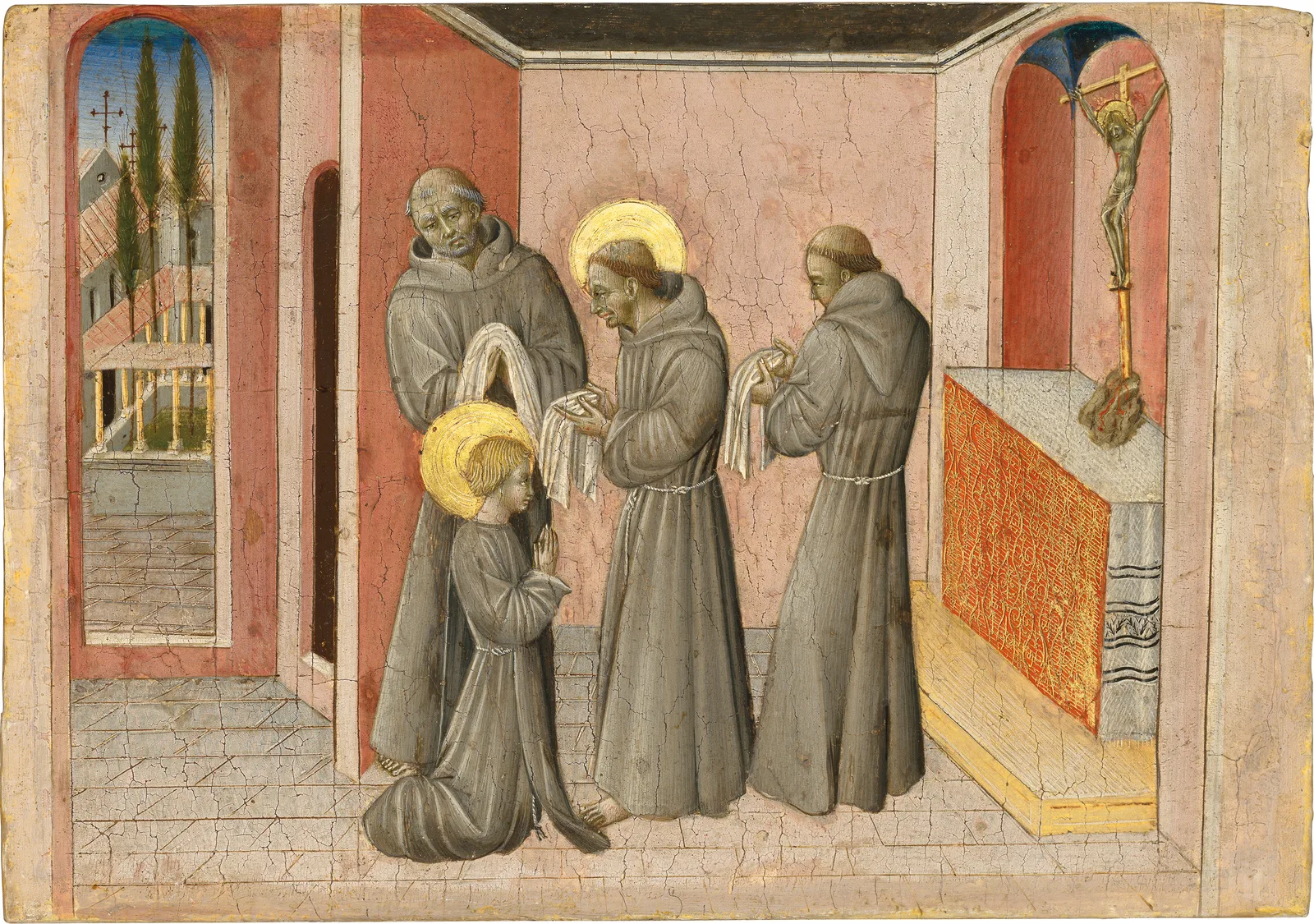 A small gold-ground panel showing the young Saint Clare receiving the habit of her Order from Saint Francis.