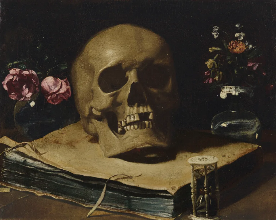 A vanitas still life with a skull atop a book, an hourglass and two glass vases of flowers, Guercino