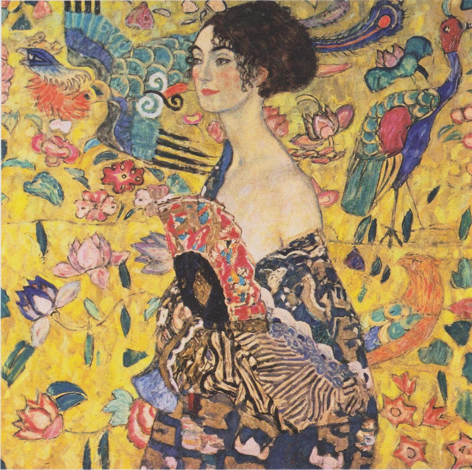 Square portrait by Gustav Klimt of a woman with her head raised and one shoulder bare, a fan held across her breast, against a pale yellow background with phoenix and lotus motifs.