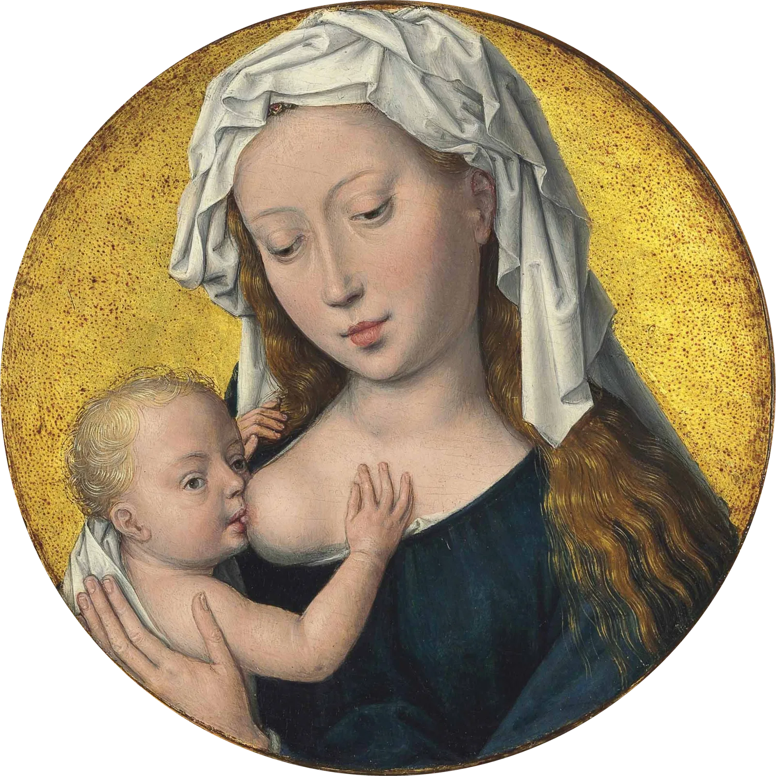 A small round panel showing the Virgin seated and nursing the Christ Child, painted in oil with gold detail on oak.