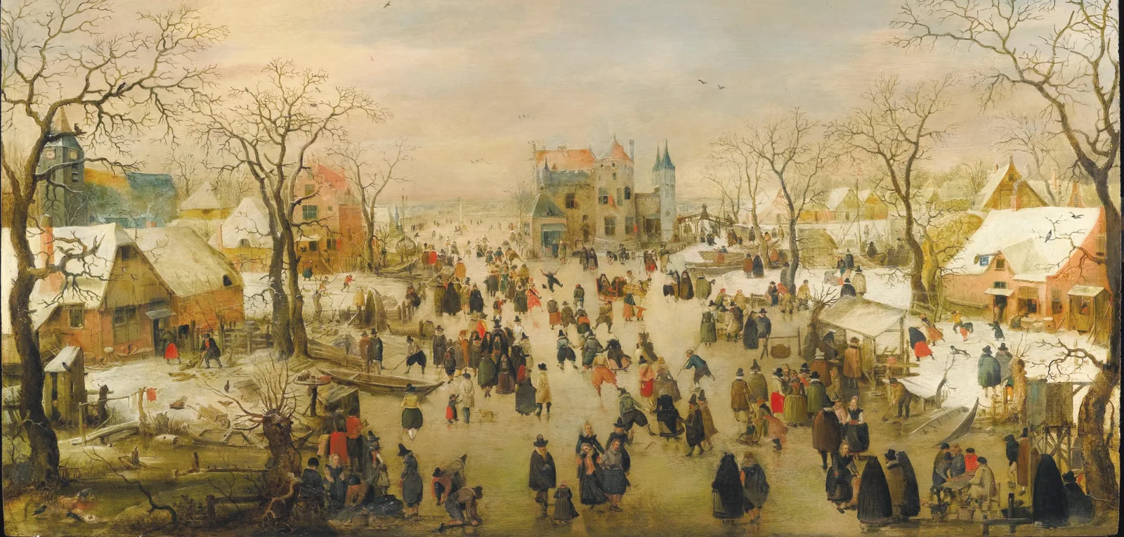 A panoramic winter landscape with a multitude of figures on a frozen river, Hendrick Avercamp