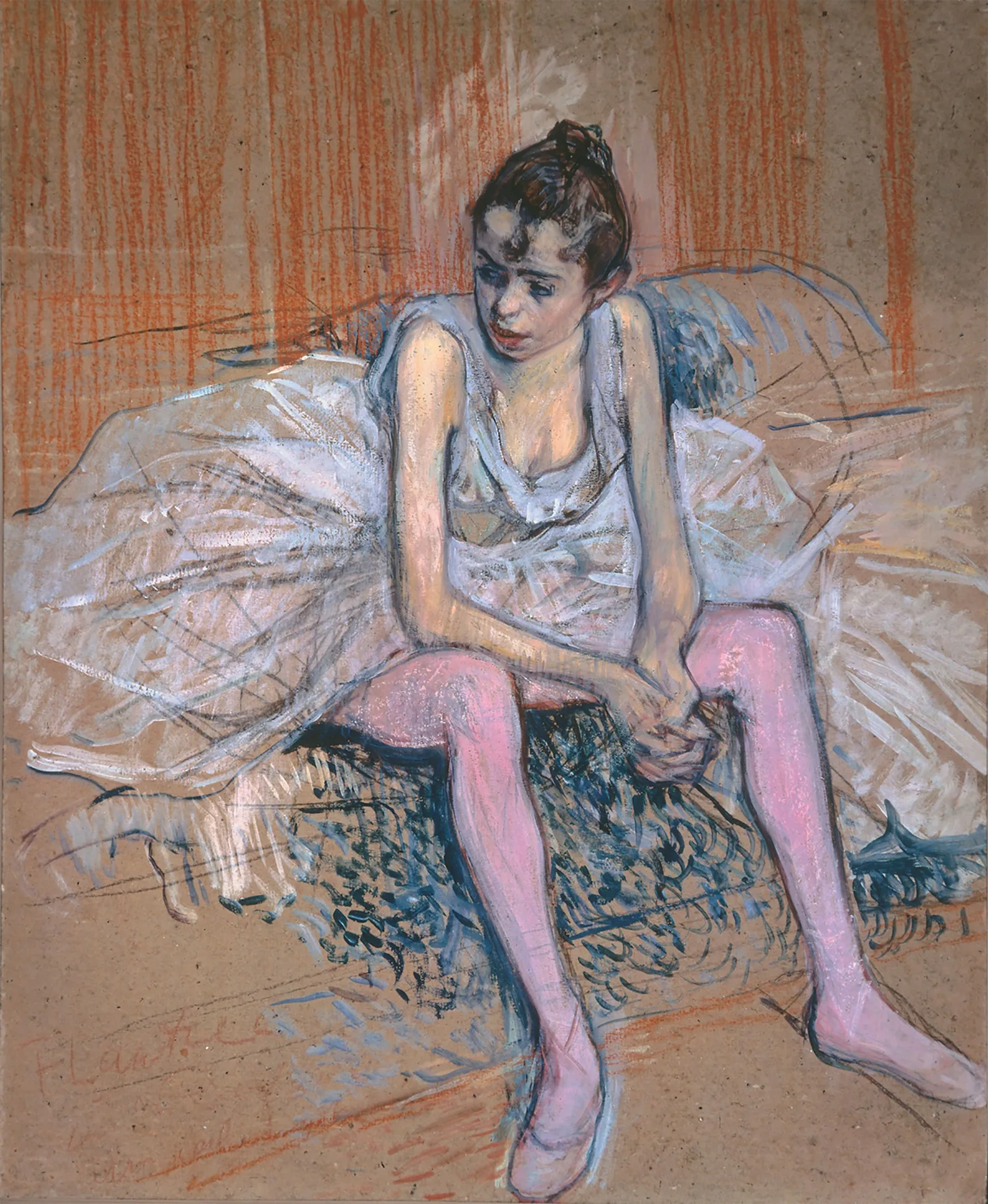 Pastel and oil study by Henri de Toulouse-Lautrec, 1890, of a young dancer in a veiled tutu and pink stockings, seated on a couch with blue upholstery.