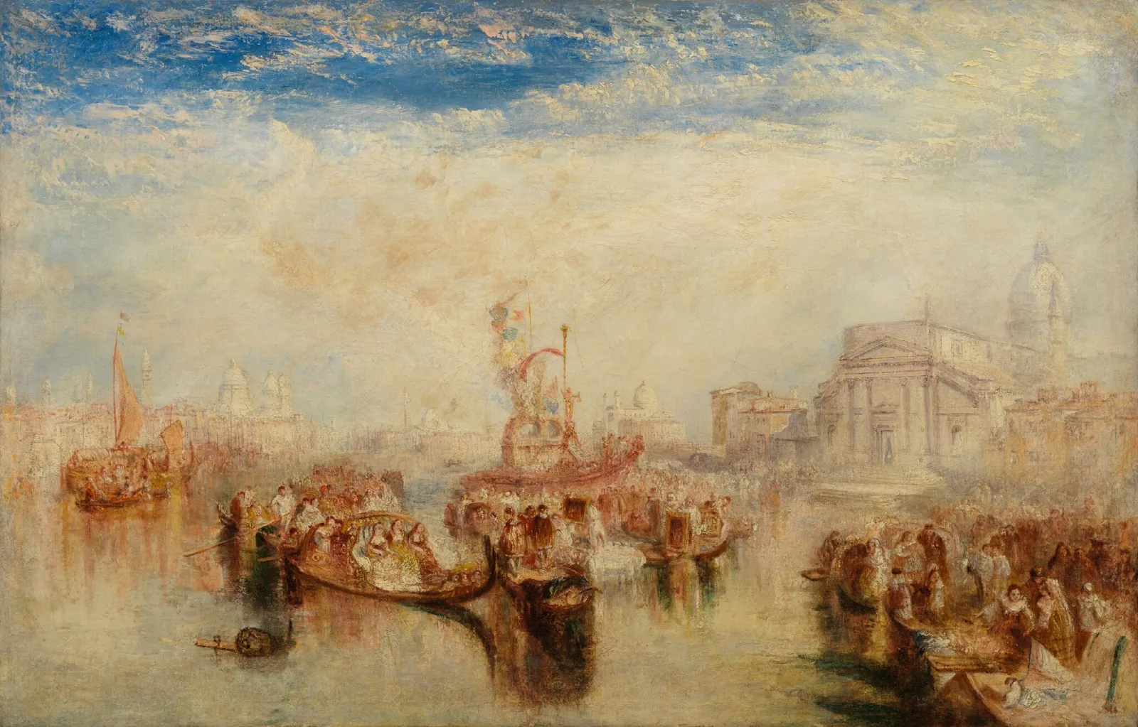 A procession of festively decorated gondolas crossing the Giudecca Canal toward the Redentore church, carrying three paintings, with other Venetian landmarks in the middle distance.